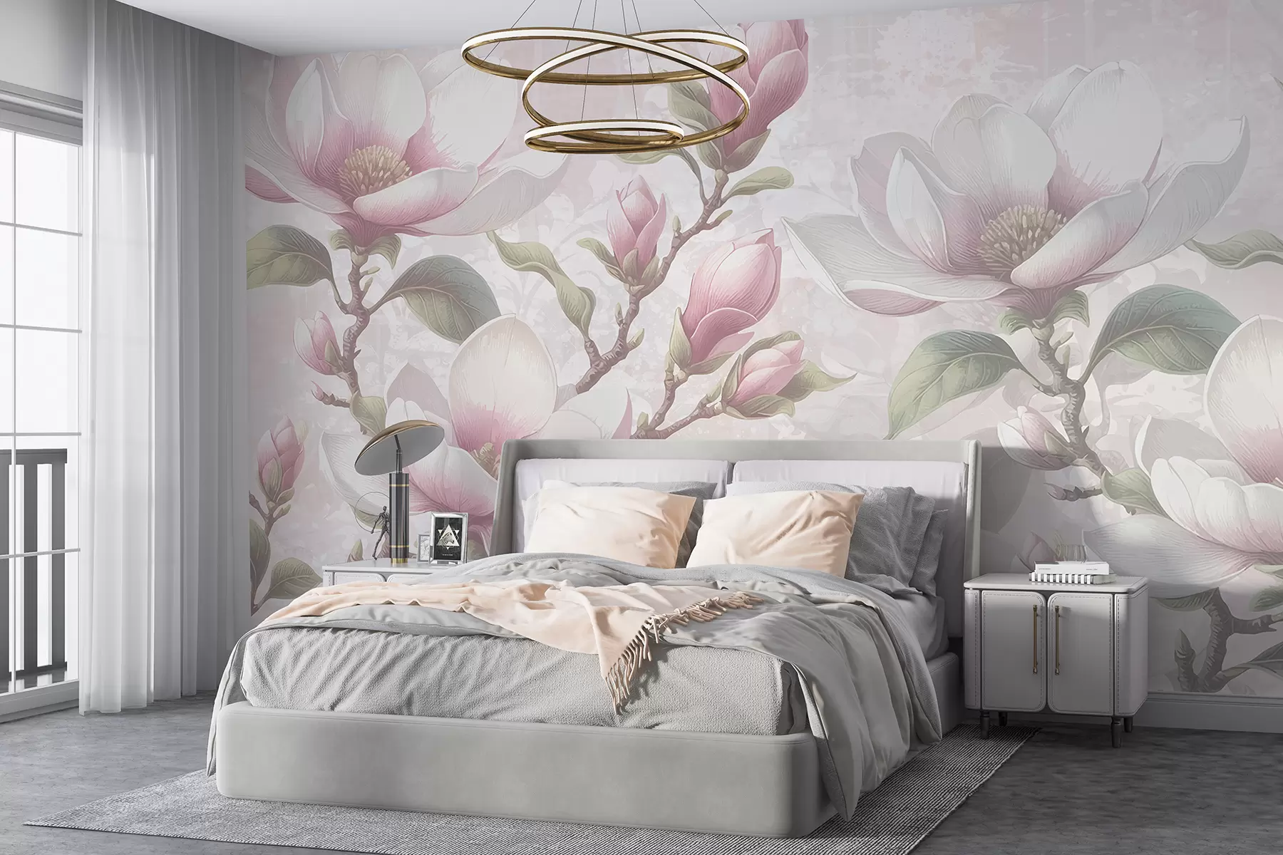 Carta da parati Floreale Delicati fiori di magnolia rosa in piena fioritura su uno sfondo morbido e sfocato n. w08216