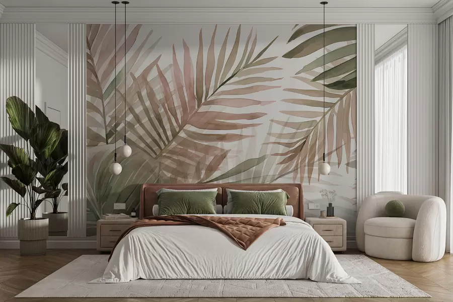 carta da parati Foglie di palma acquerellate in varie tonalità di verde e rosa su uno sfondo chiaro nr. w08218