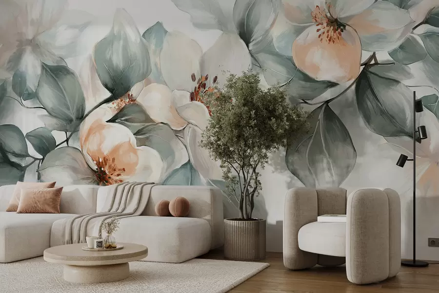 Carta da parati Floreale Delicati fiori di magnolia bianchi e rosa con foglie verde tenue su uno sfondo chiaro n. w08220