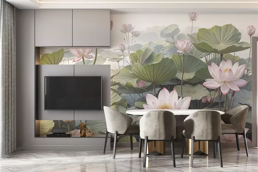 Carta da parati Floreale Fiori di loto rosa e bianchi con grandi foglie verdi, circondati da uno sfondo nebbioso e atmosferico n. w08221