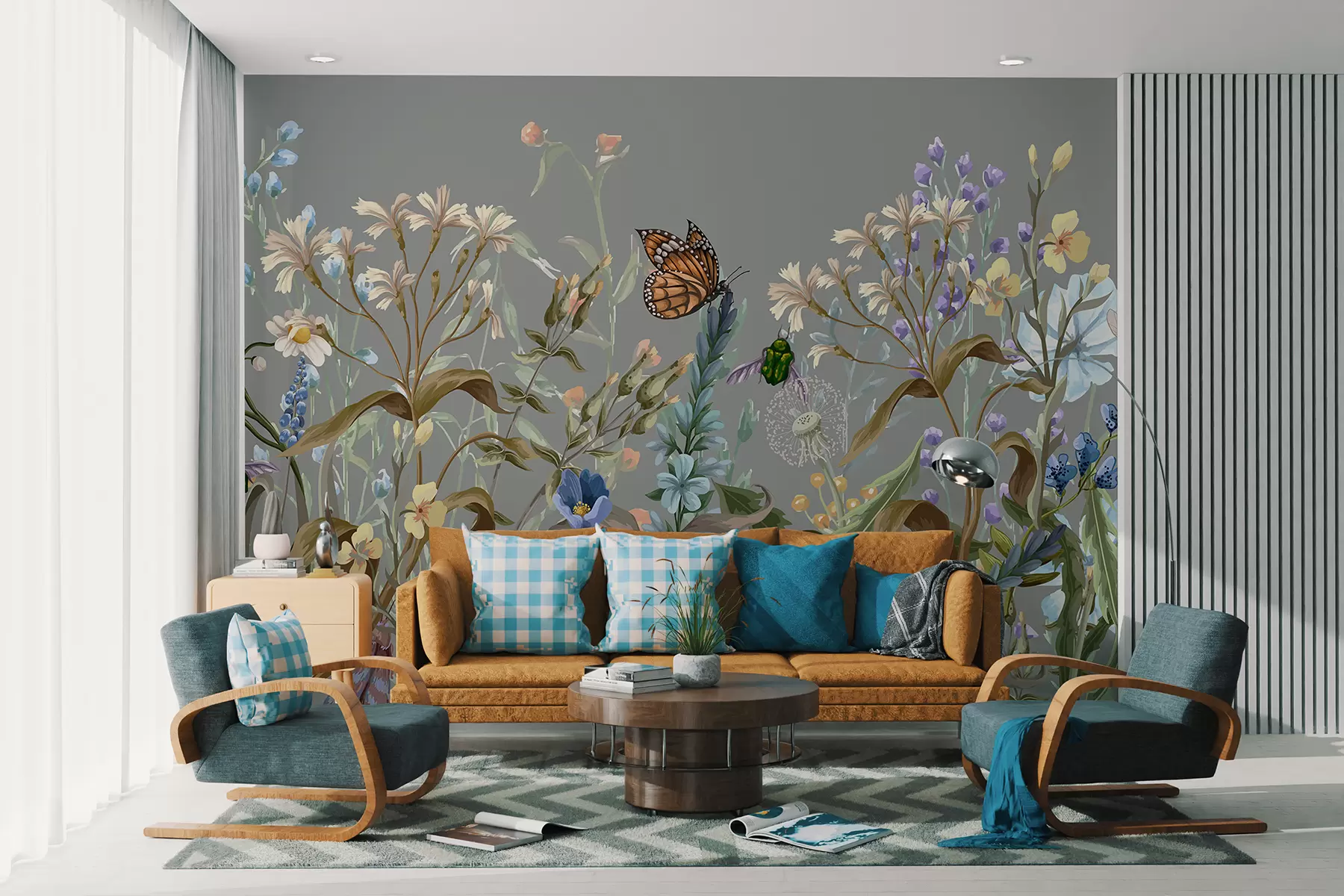 carta da parati Un'illustrazione blu colorata di una scena di giardino fiorito e lussureggiante con insetti in uno stile onirico e fantastico nr. w08234