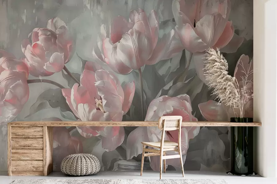 Carta da parati Floreale Tulipani rosa in stile vintage n. w00966