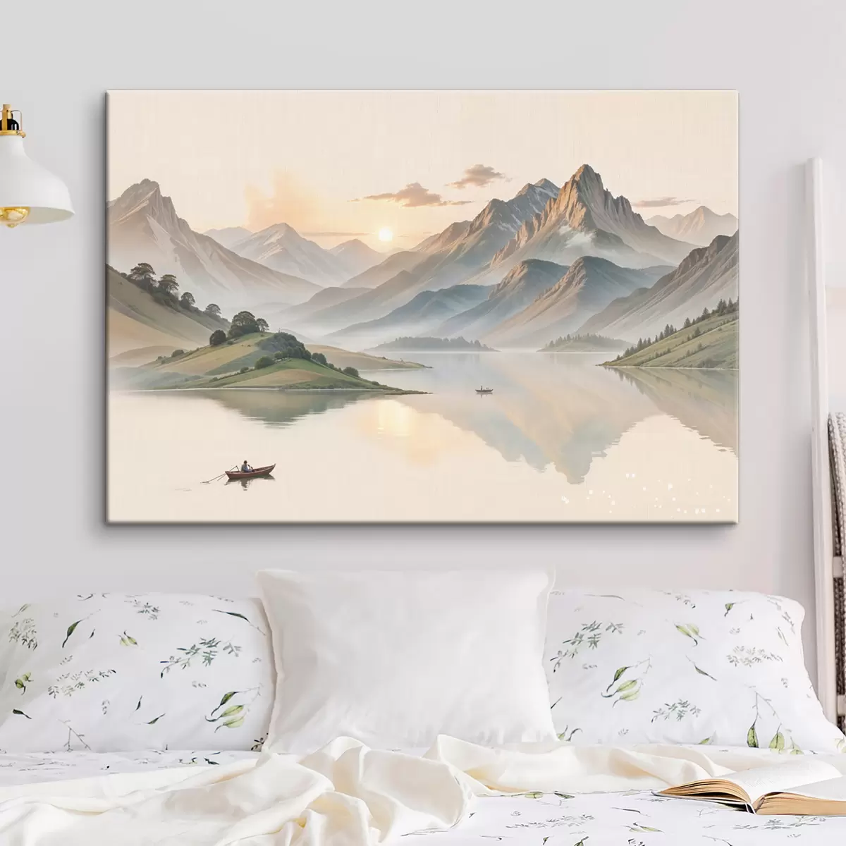 carta da parati Un paesaggio sereno con un lago che riflette le montagne sullo sfondo con una piccola barca sull'acqua calma nr. s40391