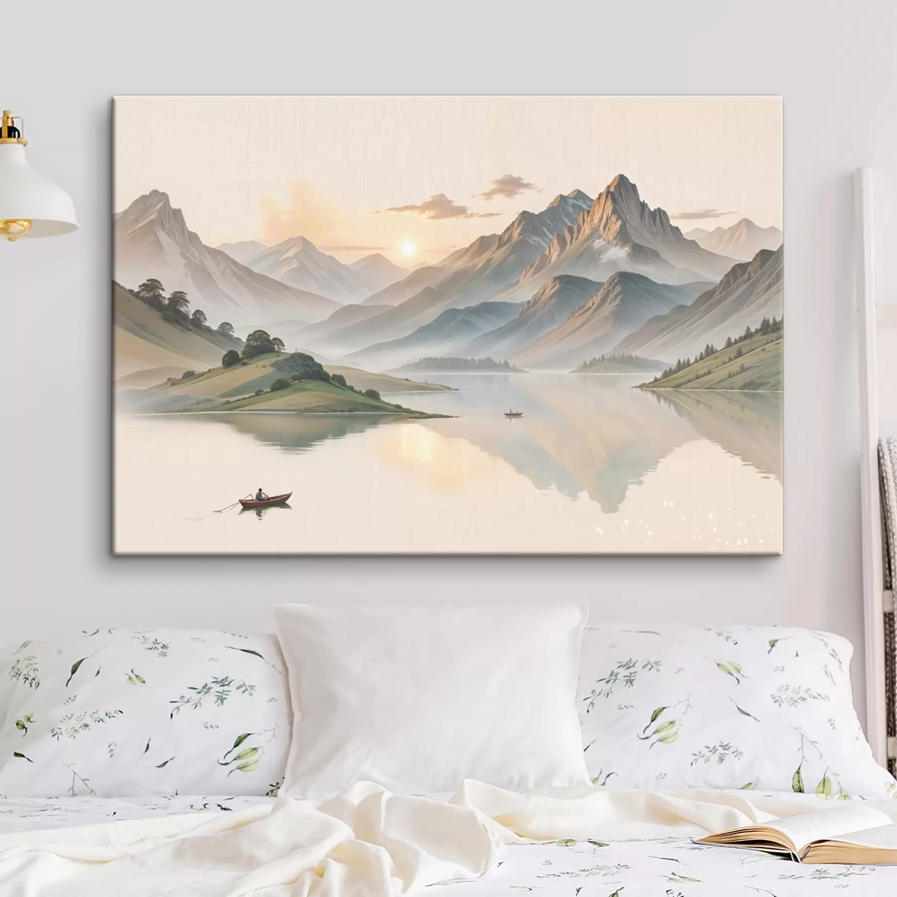 carta da parati Un paesaggio sereno con un lago che riflette le montagne sullo sfondo con una piccola barca sull'acqua calma nr. s40391