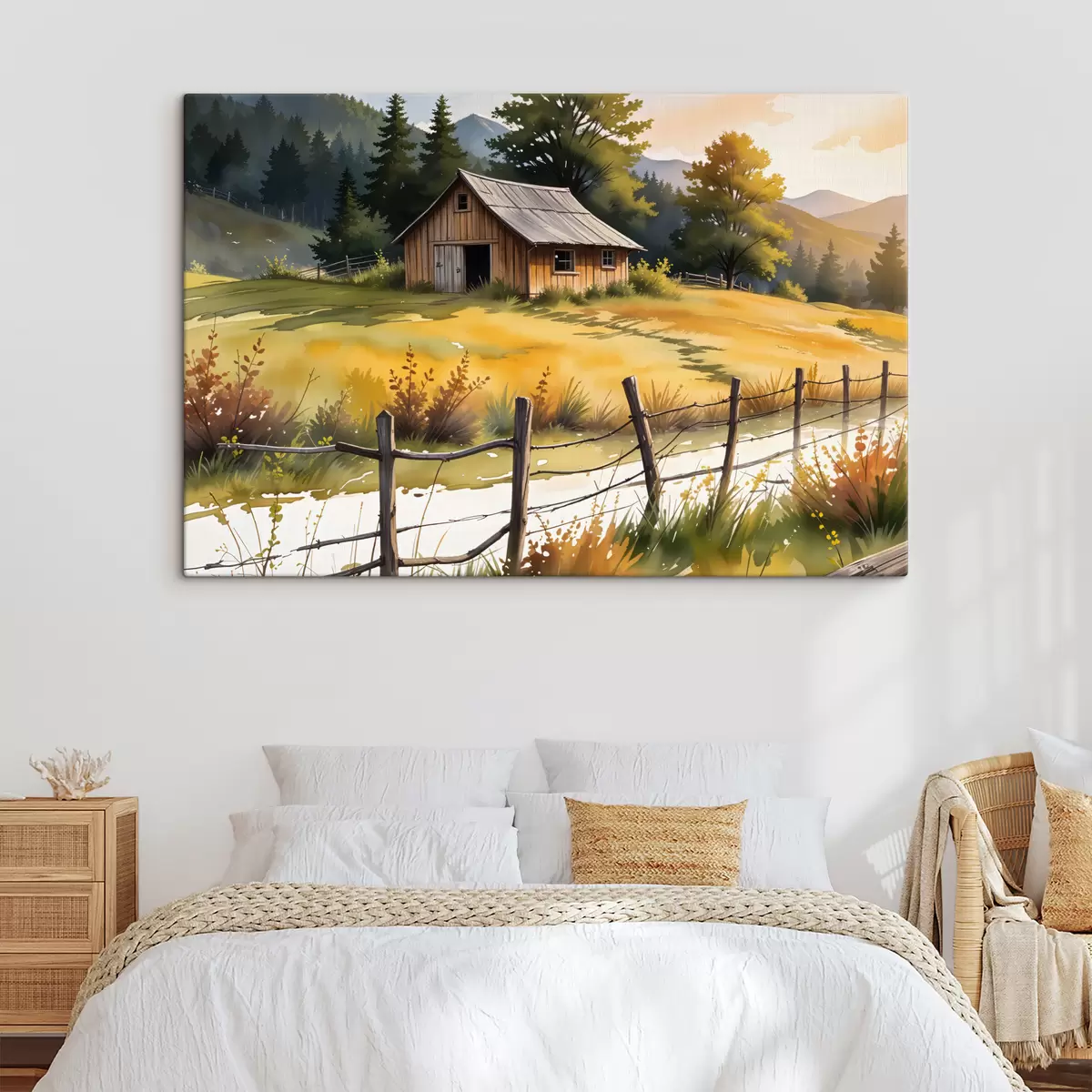 carta da parati Una vecchia casa di legno in un ambiente rurale di campagna, circondata da un campo erboso, pini e montagne nr. s40394