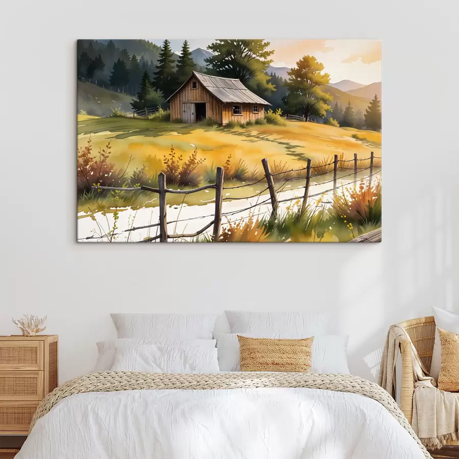 carta da parati Una vecchia casa di legno in un ambiente rurale di campagna, circondata da un campo erboso, pini e montagne nr. s40394