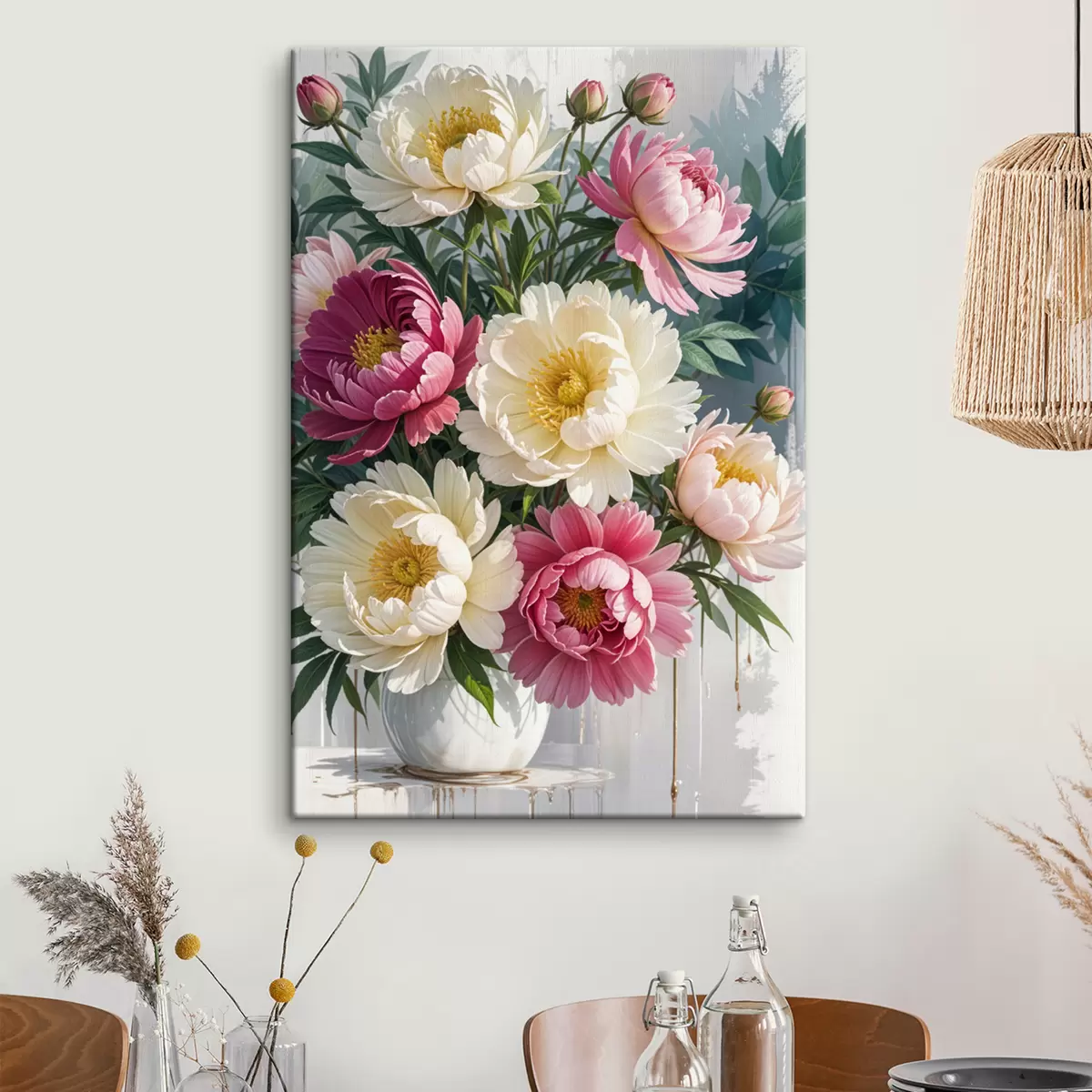 carta da parati Un bouquet di vivaci fiori di peonia in varie tonalità di rosa, bianco e giallo con schizzi di vernice nr. s40403