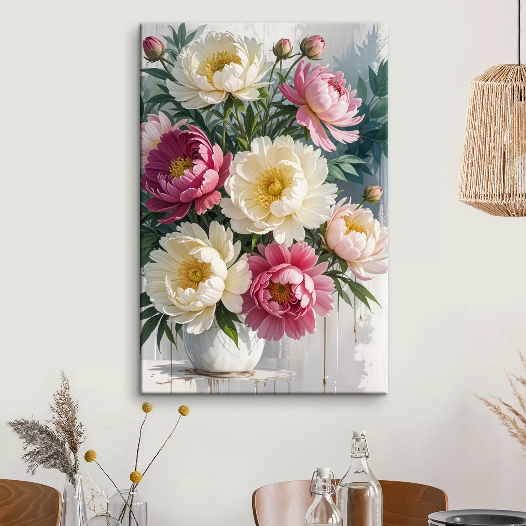 carta da parati Un bouquet di vivaci fiori di peonia in varie tonalità di rosa, bianco e giallo con schizzi di vernice nr. s40403