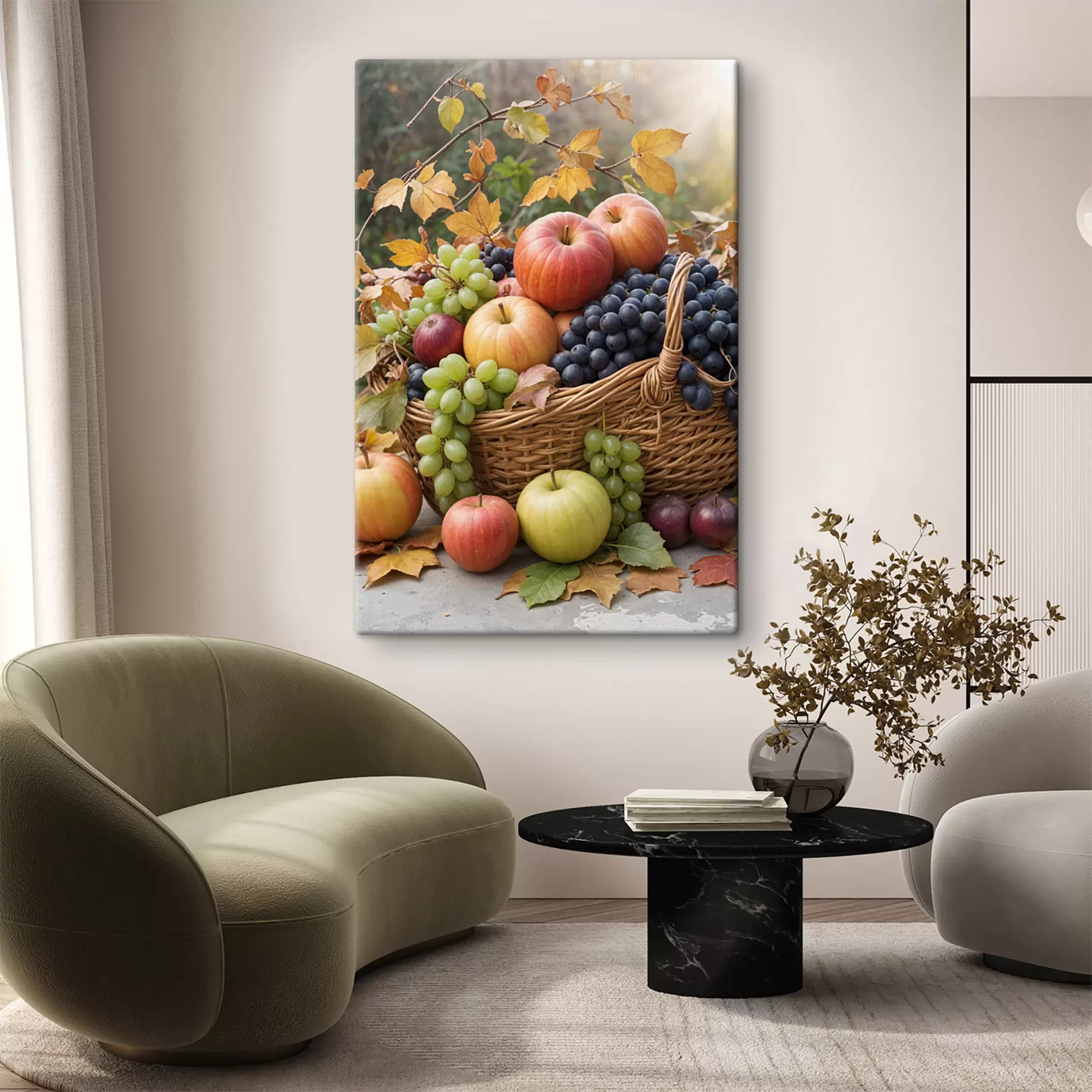 carta da parati Un cesto pieno di vari frutti autunnali tra cui mele, uva e pere, circondato da foglie cadute nr. s40409