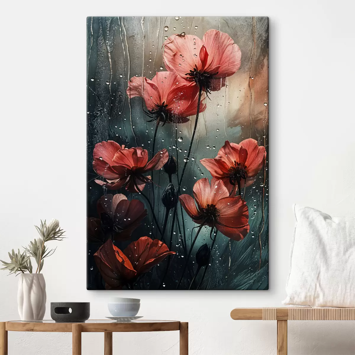 carta da parati Fiori rossi con gocce d'acqua su uno sfondo sfocato nr. s40412