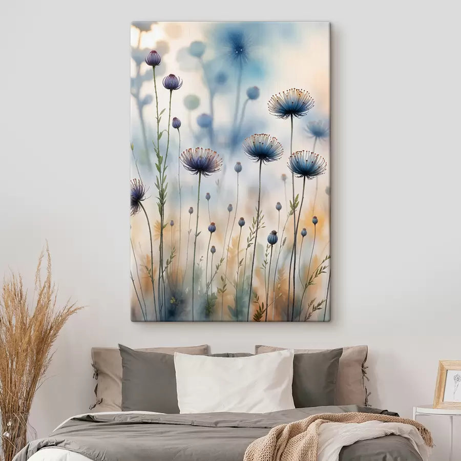 carta da parati Alti fiori viola simili a denti di leone con sfondo sfocato, che creano un'atmosfera serena e sognante nr. s40414