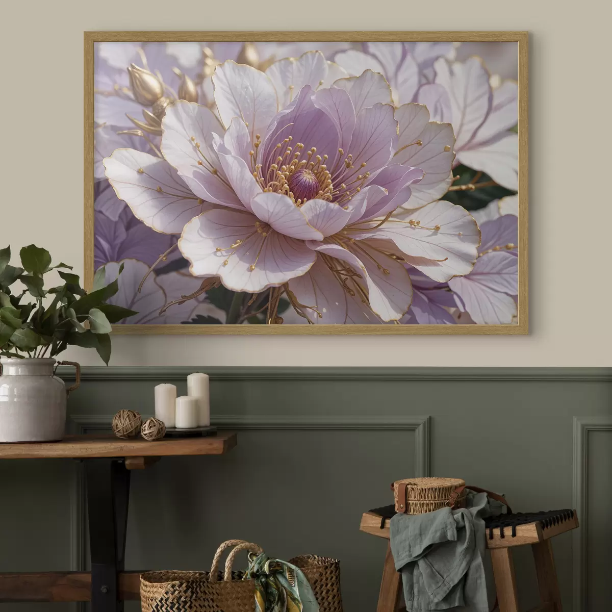 Poster Un primo piano di un grande fiore di peonia rosa pallido con petali delicati e un centro giallo brillante f40384