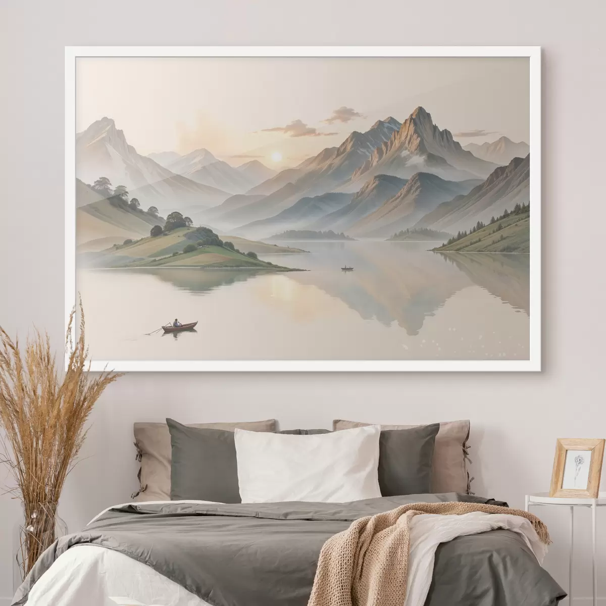 Poster Un paesaggio sereno con un lago che riflette le montagne sullo sfondo con una piccola barca sull'acqua calma f40391