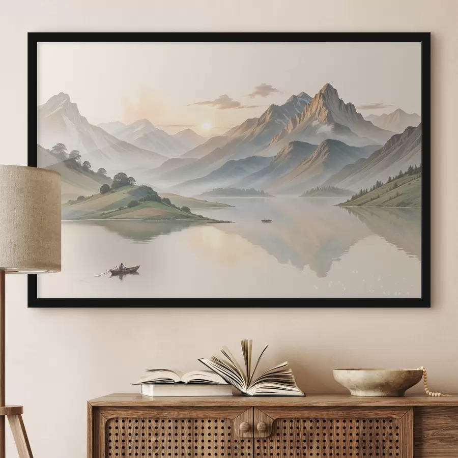 carta da parati Un paesaggio sereno con un lago che riflette le montagne sullo sfondo con una piccola barca sull'acqua calma nr. f40391