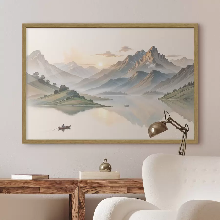 carta da parati Un paesaggio sereno con un lago che riflette le montagne sullo sfondo con una piccola barca sull'acqua calma nr. f40391