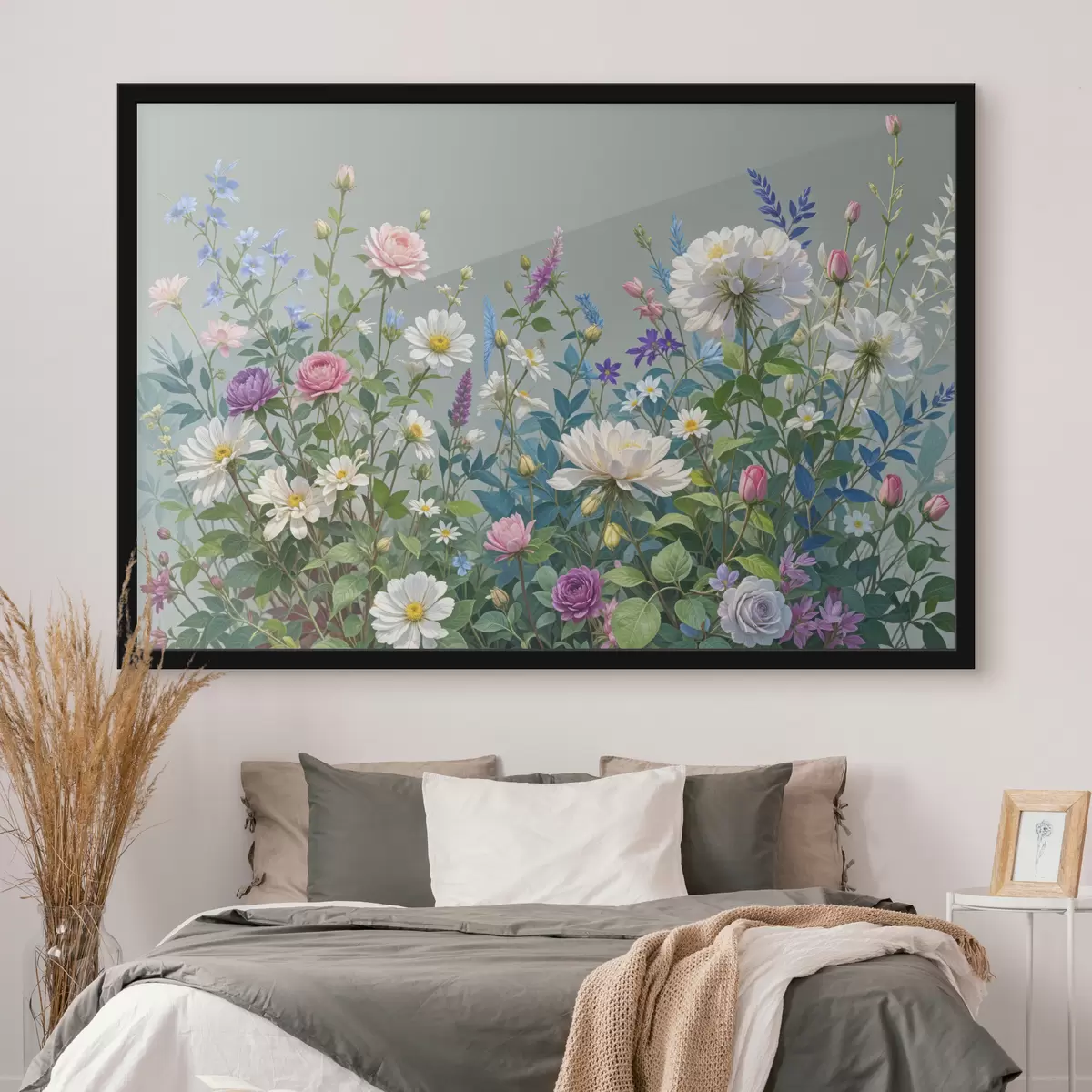 Poster Un giardino rigoglioso e vivace, ricco di una varietà di fiori colorati e piante in fiore su uno sfondo grigio f40393