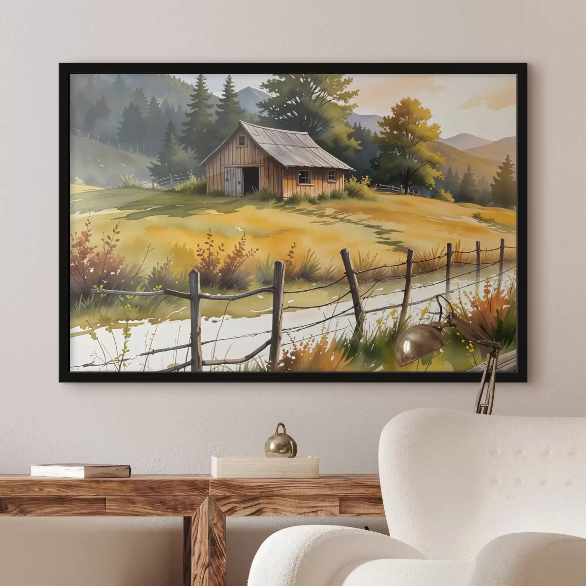 Poster Una vecchia casa di legno in un ambiente rurale di campagna, circondata da un campo erboso, pini e montagne f40394