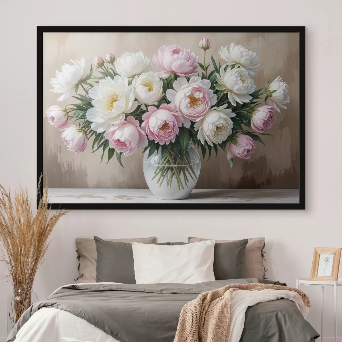 Poster Un bouquet di bellissime peonie rosa e bianche in un vaso di vetro, disposto su una superficie di legno f40398