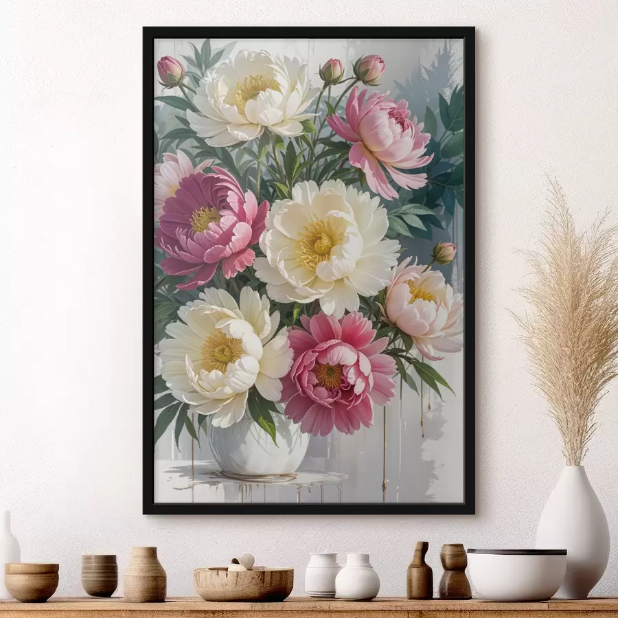 carta da parati Un bouquet di vivaci fiori di peonia in varie tonalità di rosa, bianco e giallo con schizzi di vernice nr. f40403