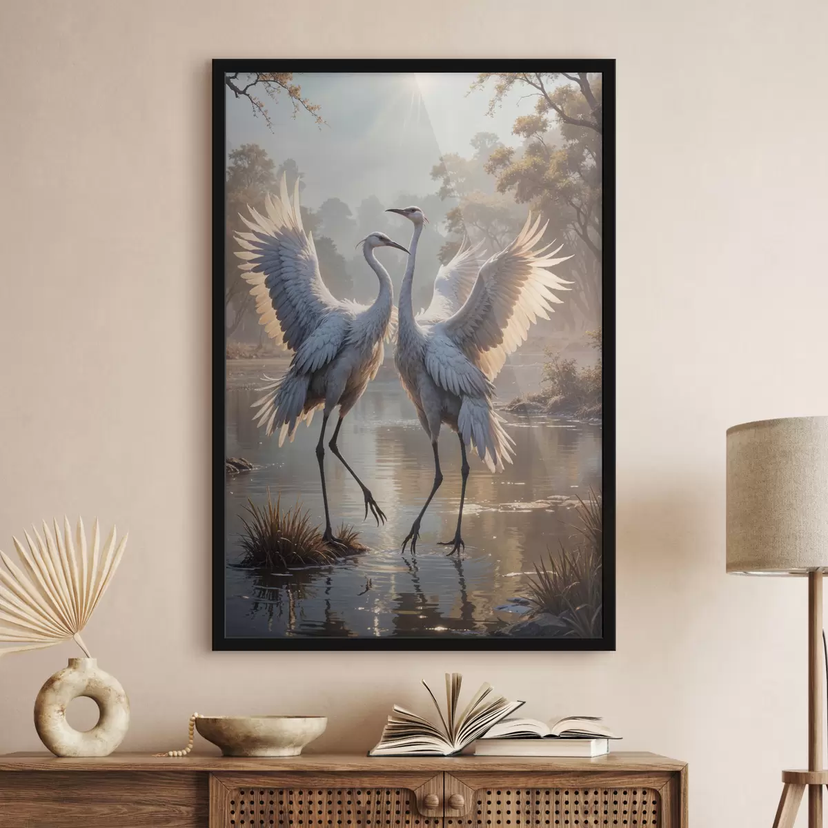 Poster Due grandi gru grigie con lunghi colli e ali spiegate in piedi in un lago nebbioso circondato da alberi f40404