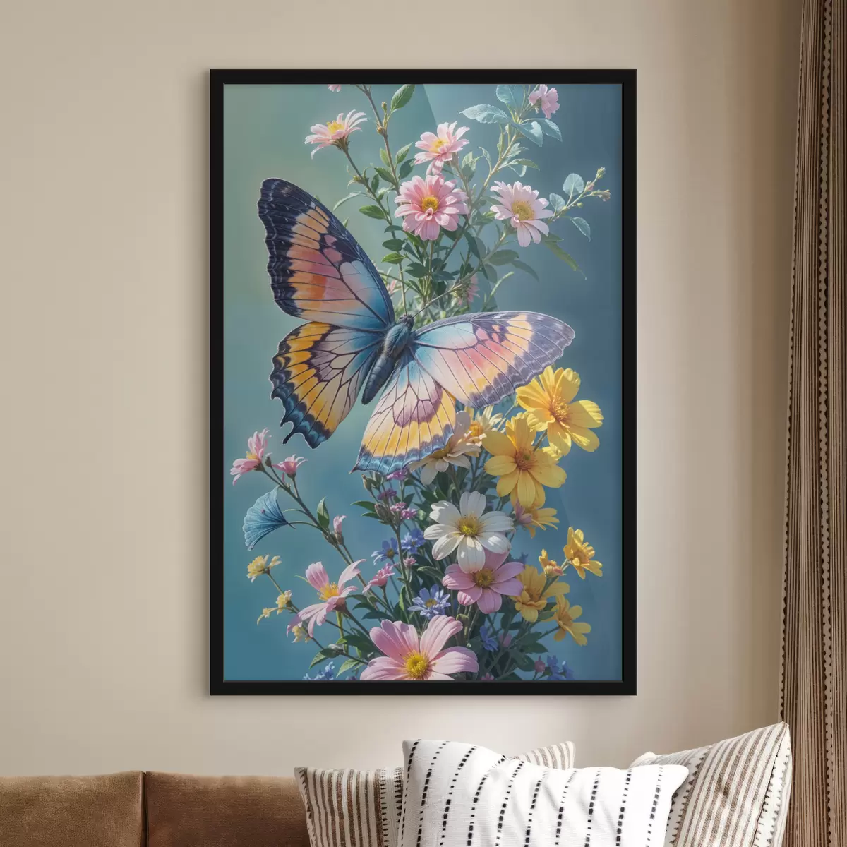 Poster Una grande e colorata farfalla appollaiata su un mazzo di fiori rosa e gialli su uno sfondo verde scuro f40411