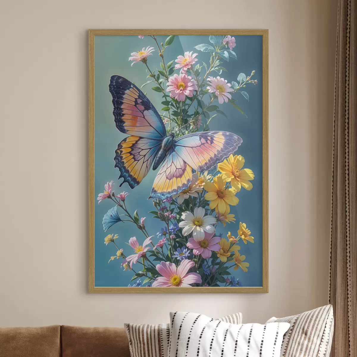 Poster Una grande e colorata farfalla appollaiata su un mazzo di fiori rosa e gialli su uno sfondo verde scuro f40411