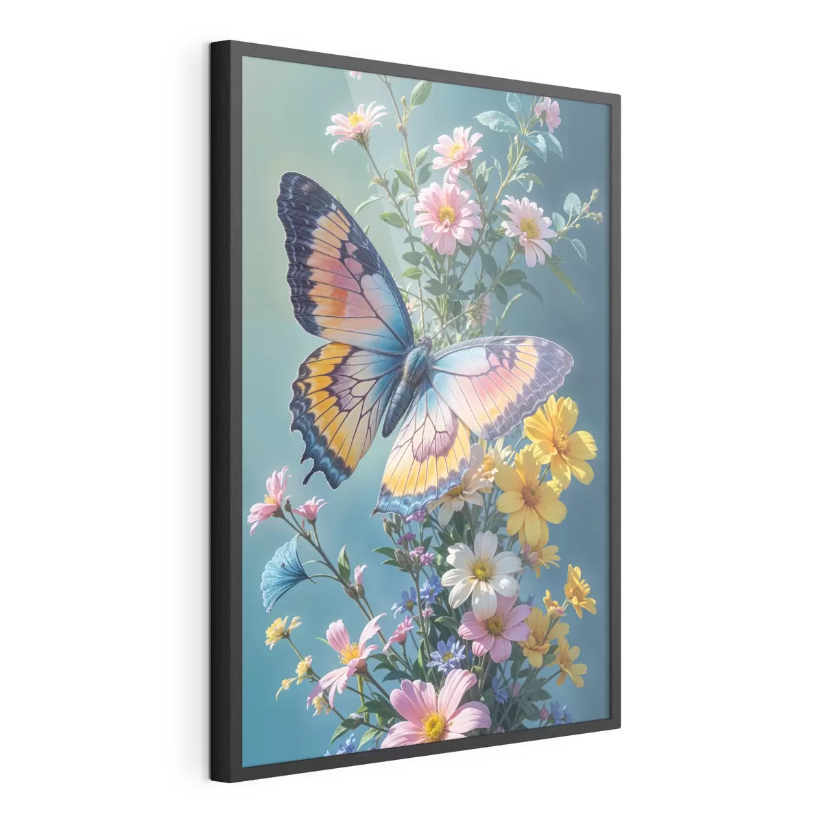 Poster Una grande e colorata farfalla appollaiata su un mazzo di fiori rosa e gialli su uno sfondo verde scuro f40411