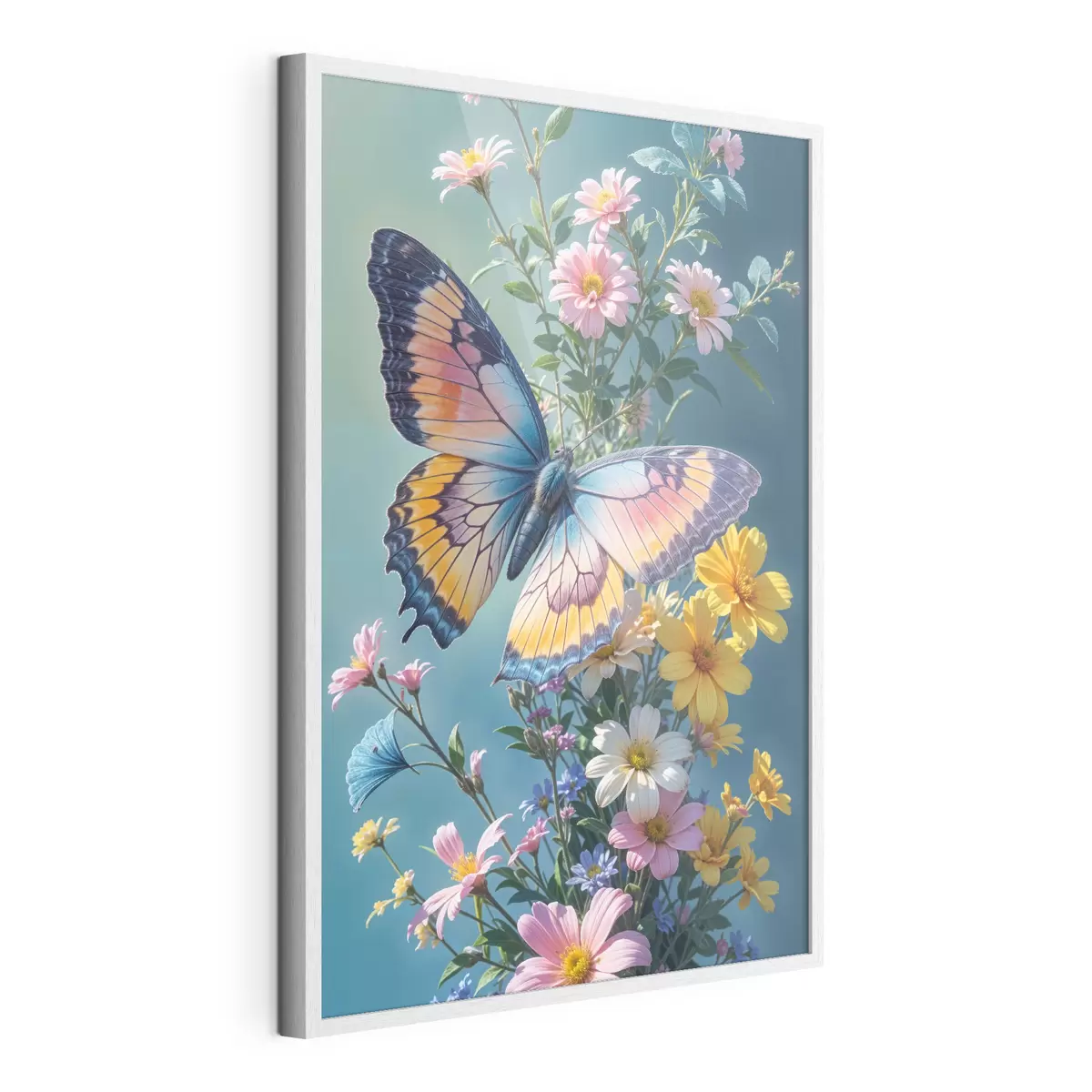 Poster Una grande e colorata farfalla appollaiata su un mazzo di fiori rosa e gialli su uno sfondo verde scuro f40411