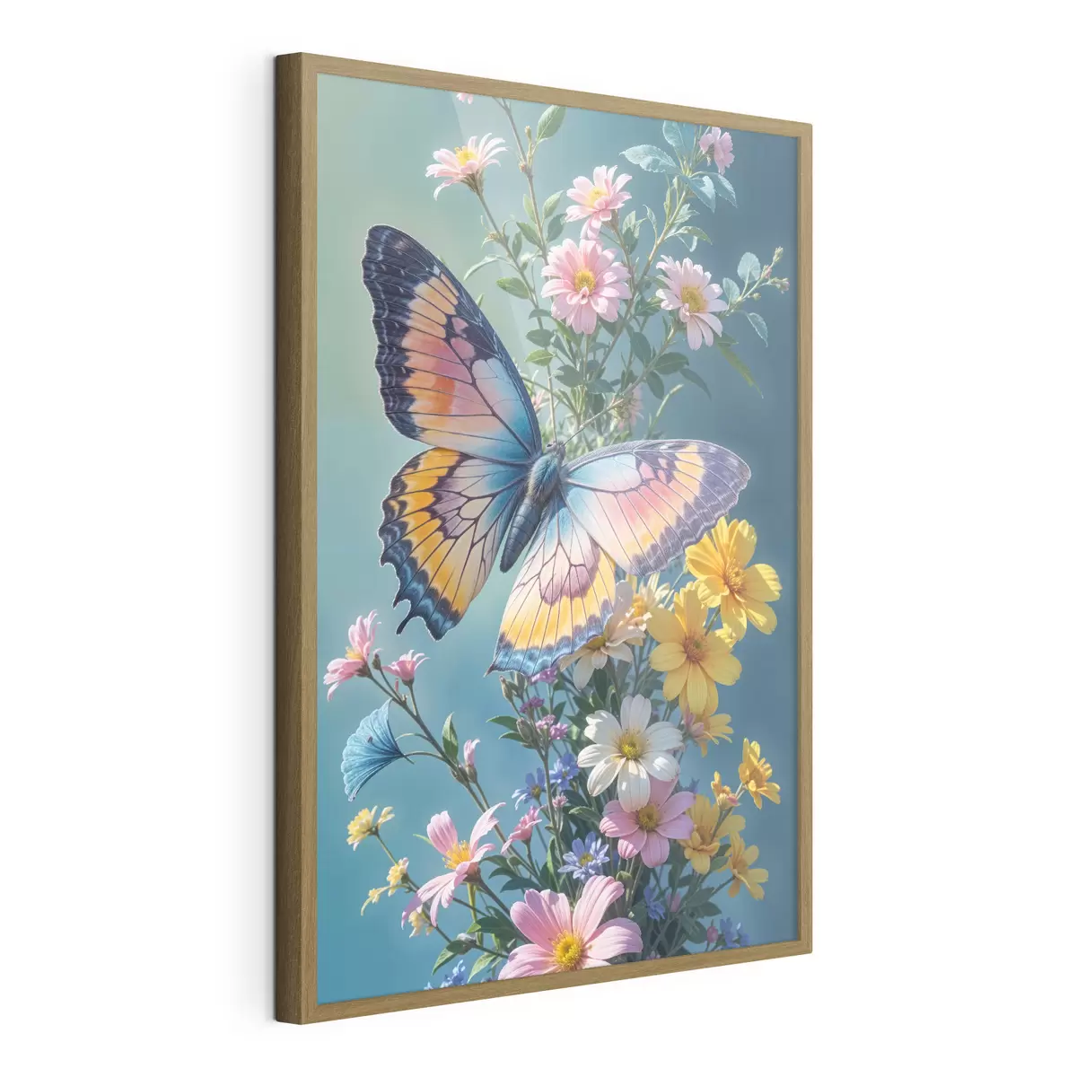 Poster Una grande e colorata farfalla appollaiata su un mazzo di fiori rosa e gialli su uno sfondo verde scuro f40411