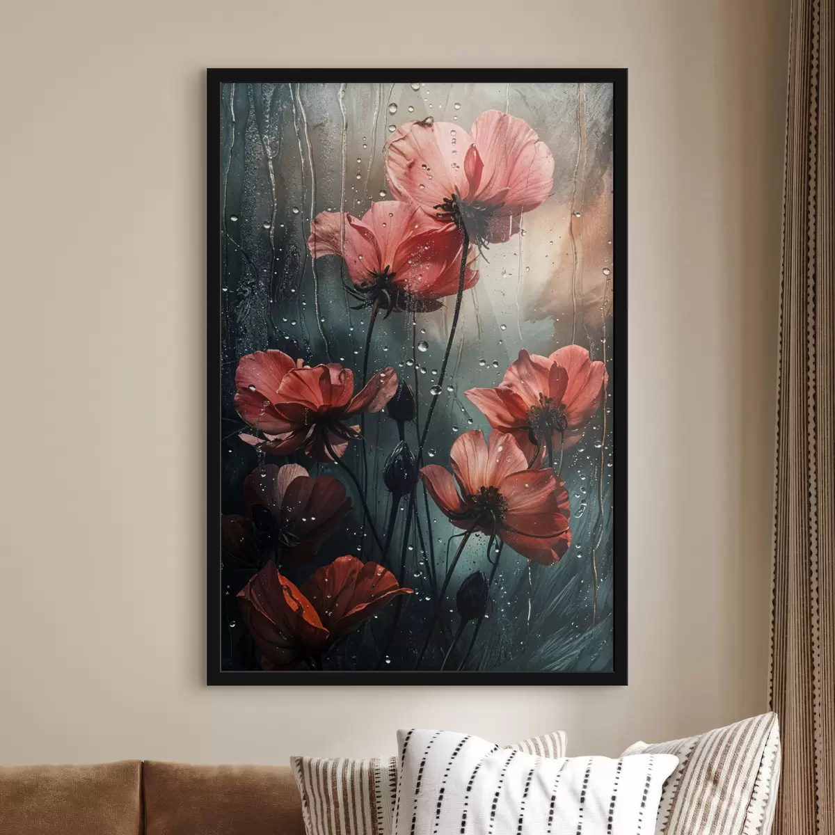 Poster Fiori rossi con gocce d'acqua su uno sfondo sfocato f40412