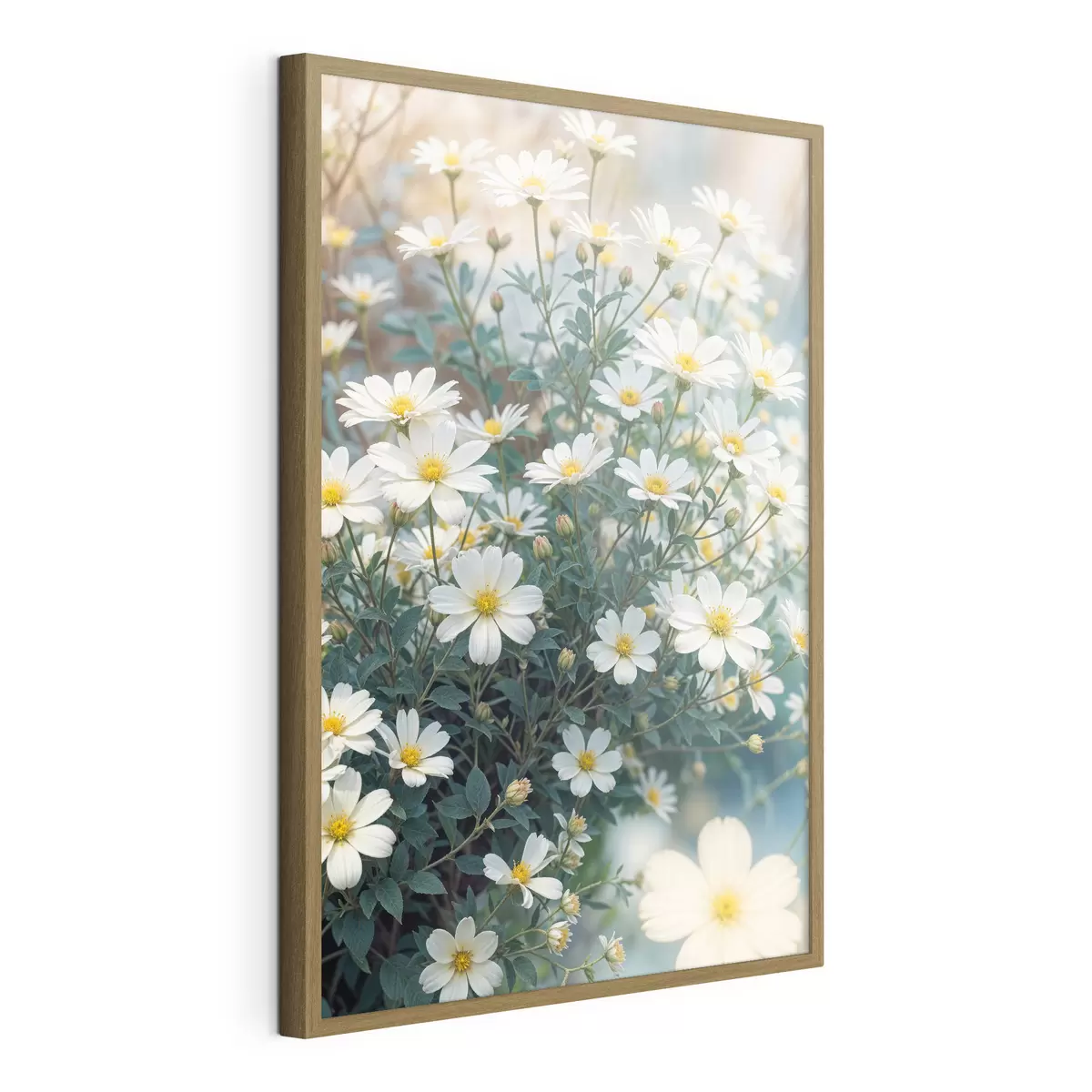 Poster Un campo di fiori di margherita bianca con fogliame verde, su uno sfondo sfocato f40413