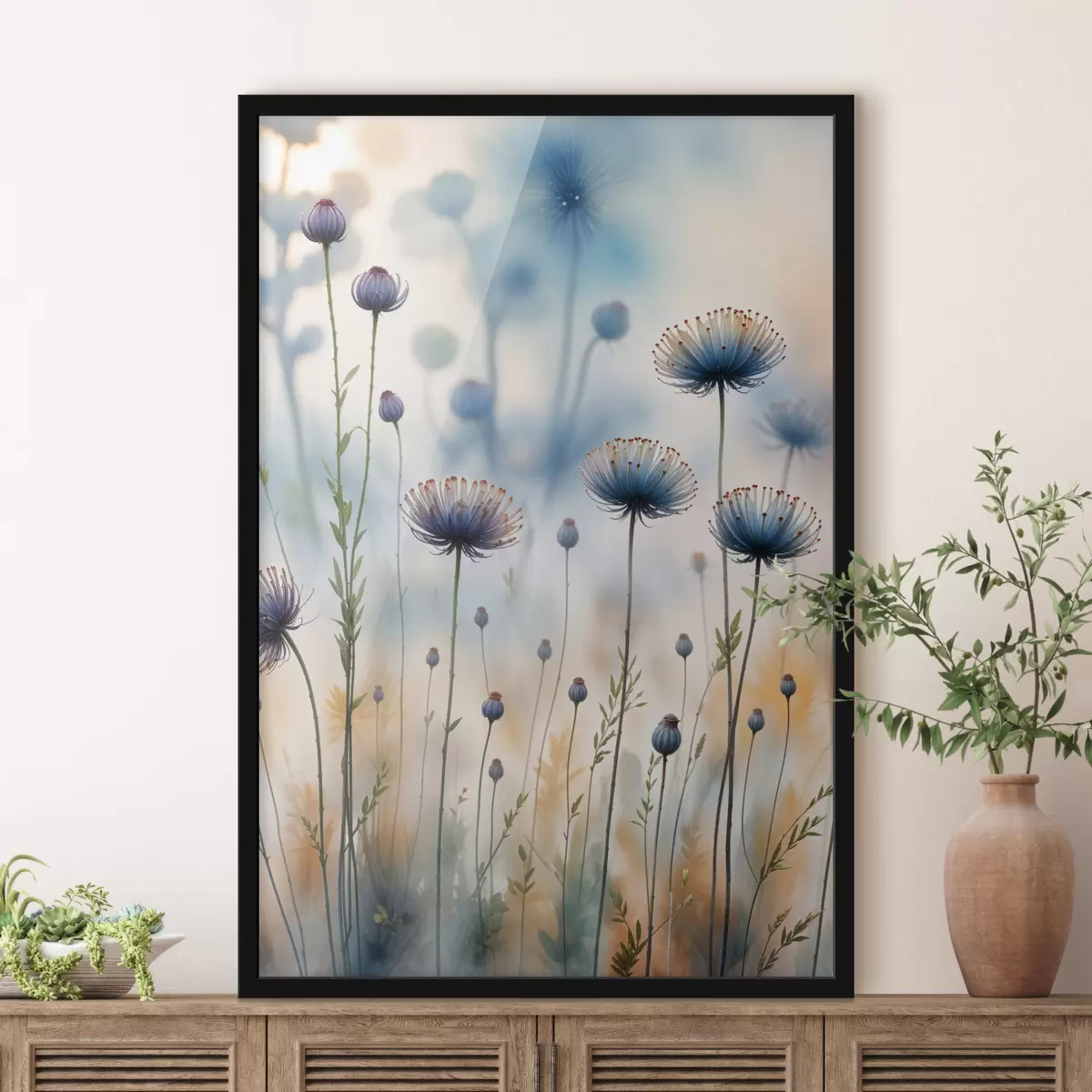 Poster Alti fiori viola simili a denti di leone con sfondo sfocato, che creano un'atmosfera serena e sognante f40414