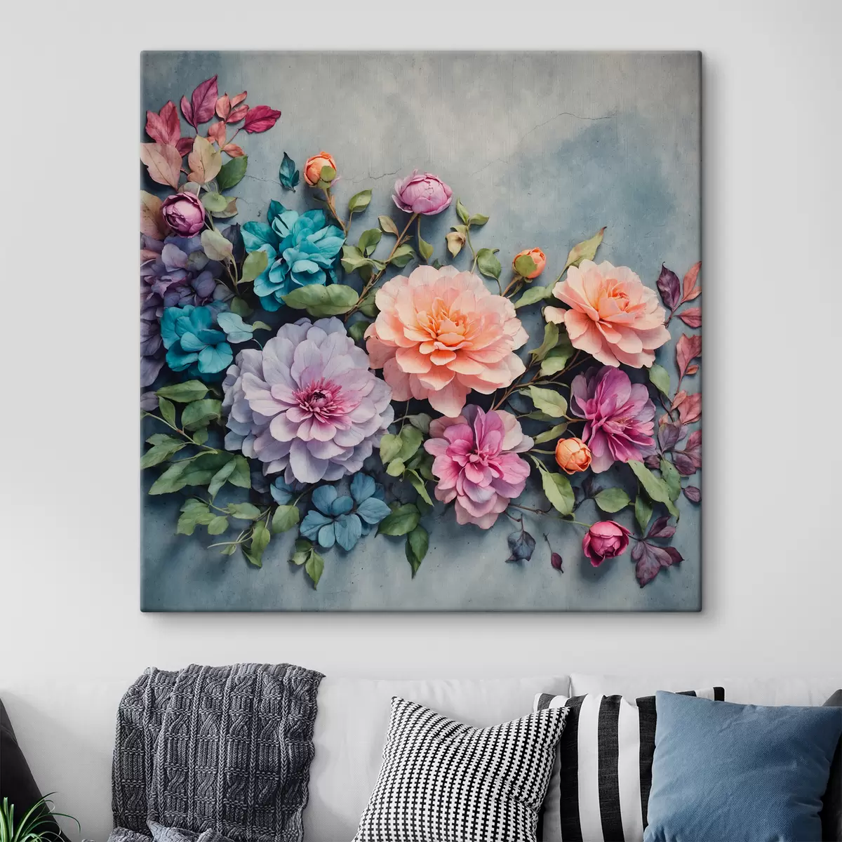 carta da parati Fiori e foglie su sfondo blu nr. s40346