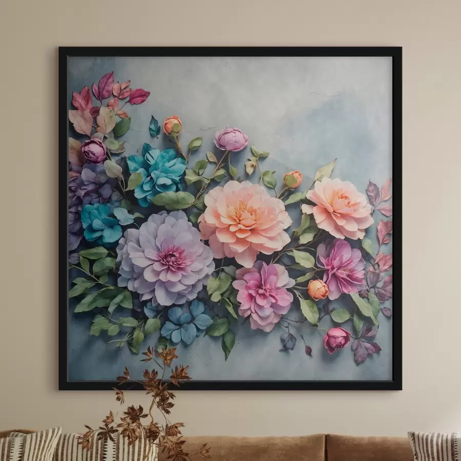 carta da parati Fiori e foglie su sfondo blu nr. f40346