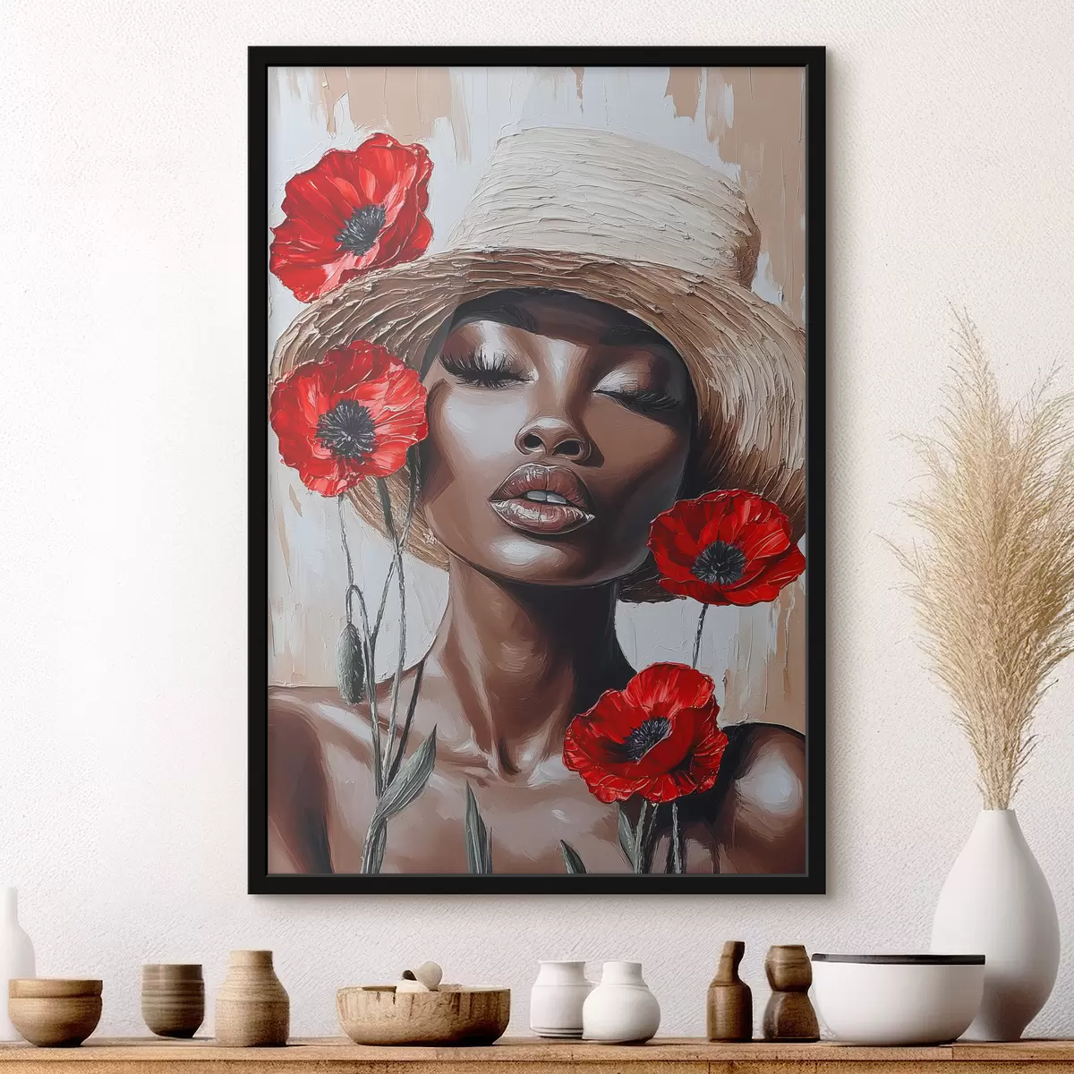 Poster Ritratto di una donna con un cappello con papaveri rossi f40350