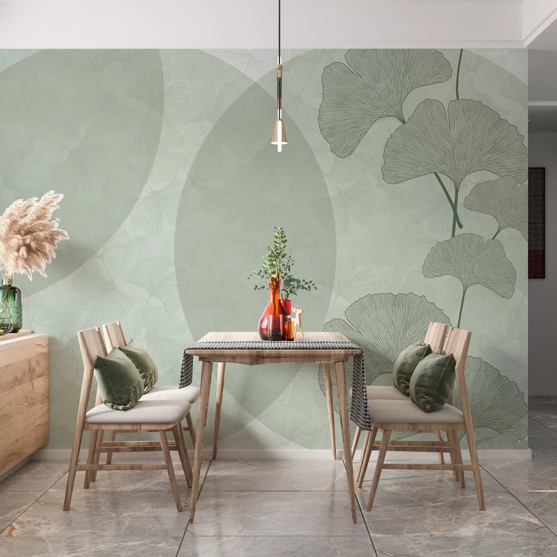 Carta da parati Foglie 3D Grandi foglie di ginkgo e geometria di colore verde