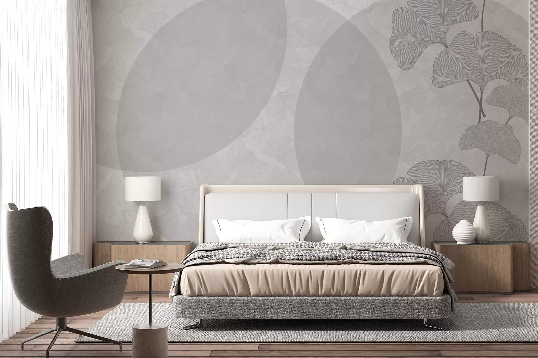 Carta da parati Foglie 3D Grandi foglie di ginkgo e geometria di colore grigio