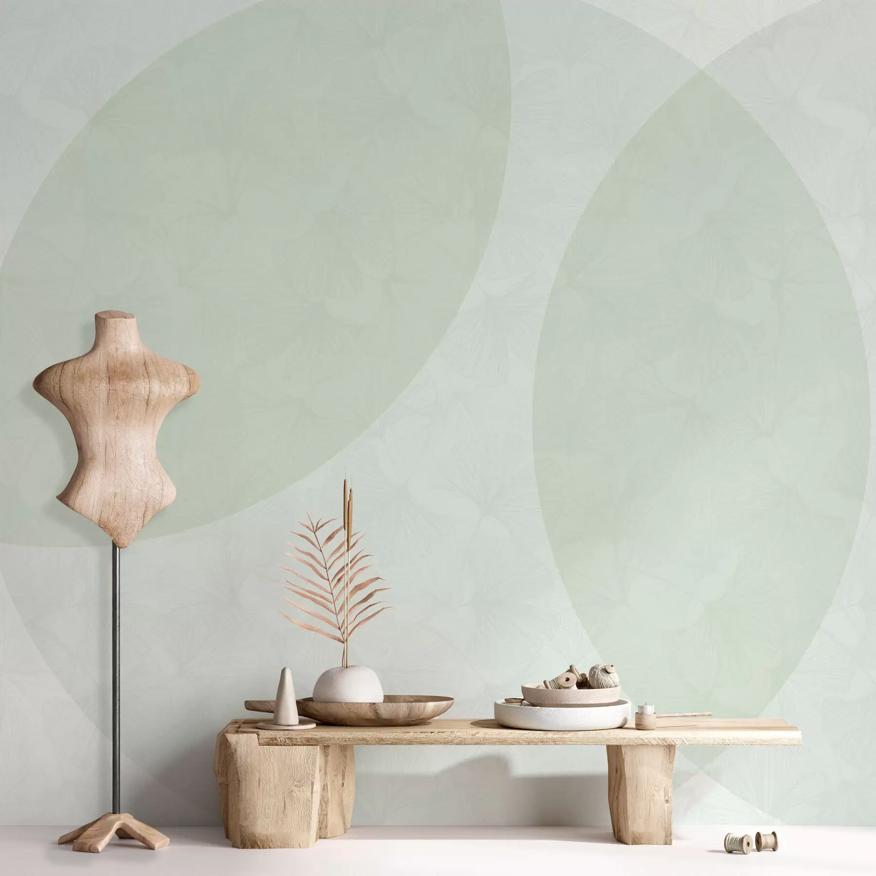 Carta da parati Moderno Cerchi foglie di ginkgo colore verde geometria n. w01466v2