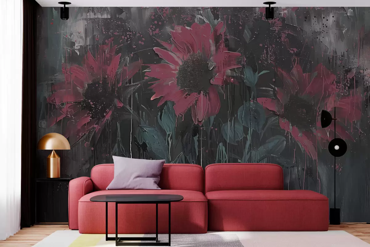 carta da parati Immagine astratta di girasole, sfondo grigio scuro e toni rosso-rosa nr. w01480v1