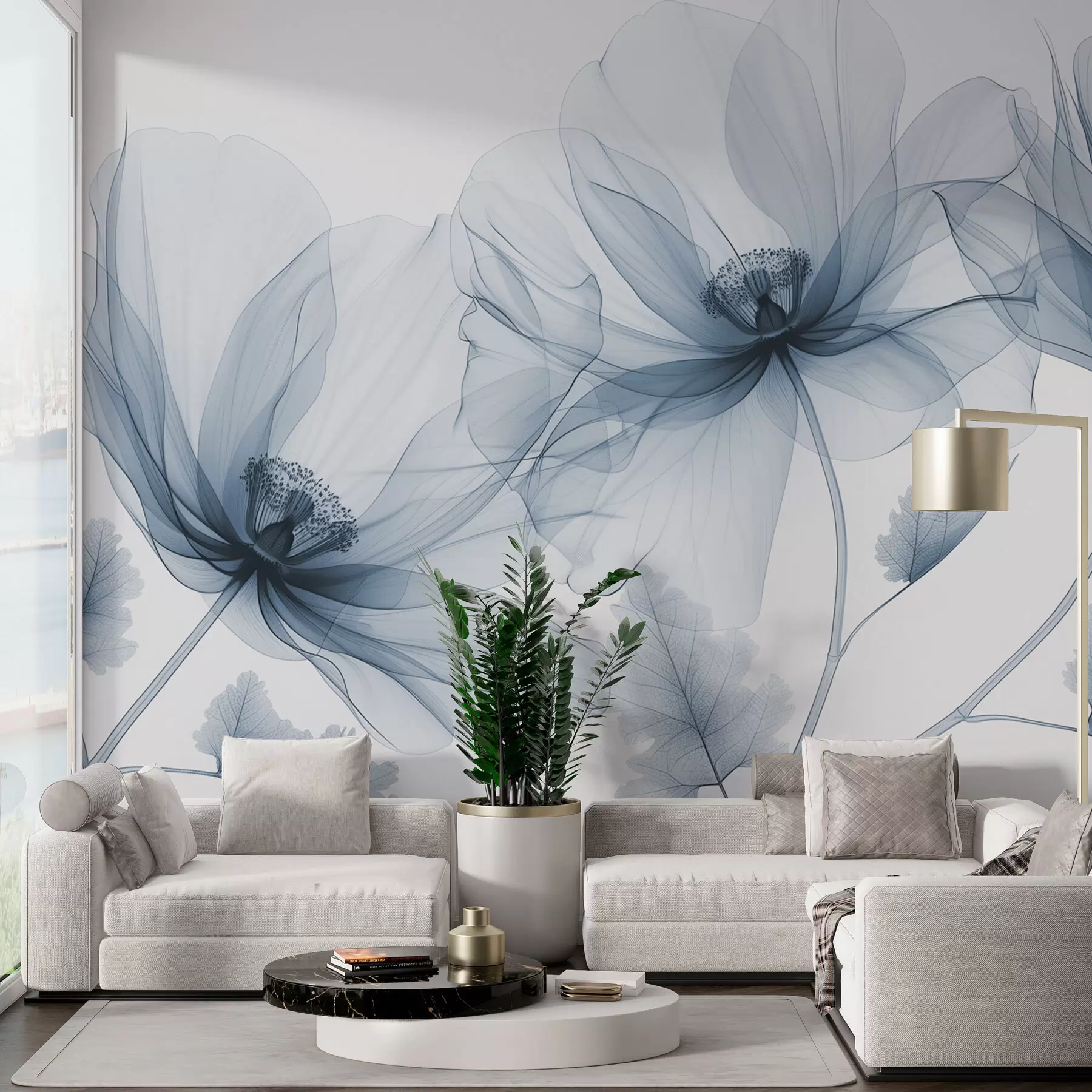 Carta da parati Fiori grandi Fiore blu trasparente in stile raggi X su sfondo bianco Design botanico monocromatico minimalista n. w01482v1