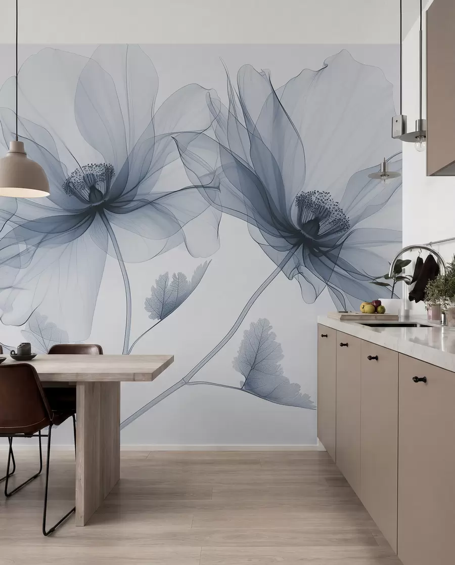 Carta da parati Fiori grandi Fiore blu trasparente in stile raggi X su sfondo bianco Design botanico monocromatico minimalista n. w01482v1