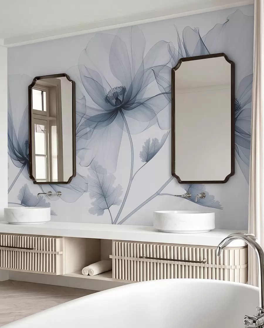 Carta da parati Fiori grandi Fiore blu trasparente in stile raggi X su sfondo bianco Design botanico monocromatico minimalista n. w01482v1