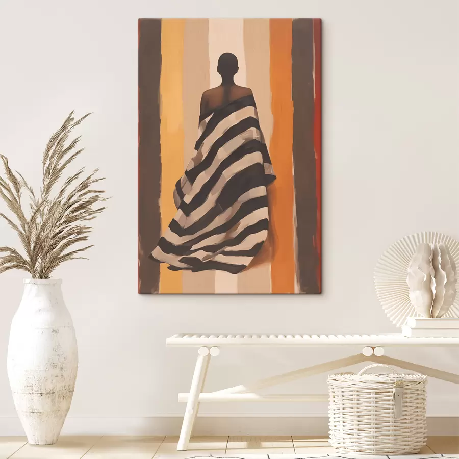 carta da parati Silhouette di una donna afroamericana con mantello a righe su uno sfondo a righe verticali, nero, beige, giallo, rosso, marrone nr. s40487