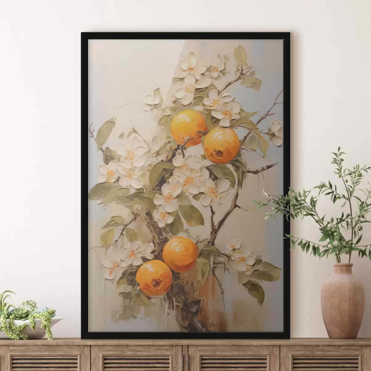 Poster Ramo con fiori bianchi e arance su sfondo grigio-beige f40486