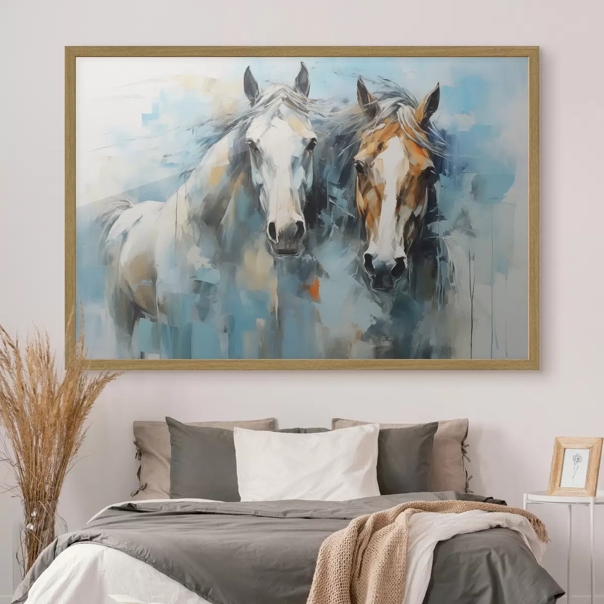 Poster Cavalli dipinto astratto, colore bianco, blu, marrone f40493