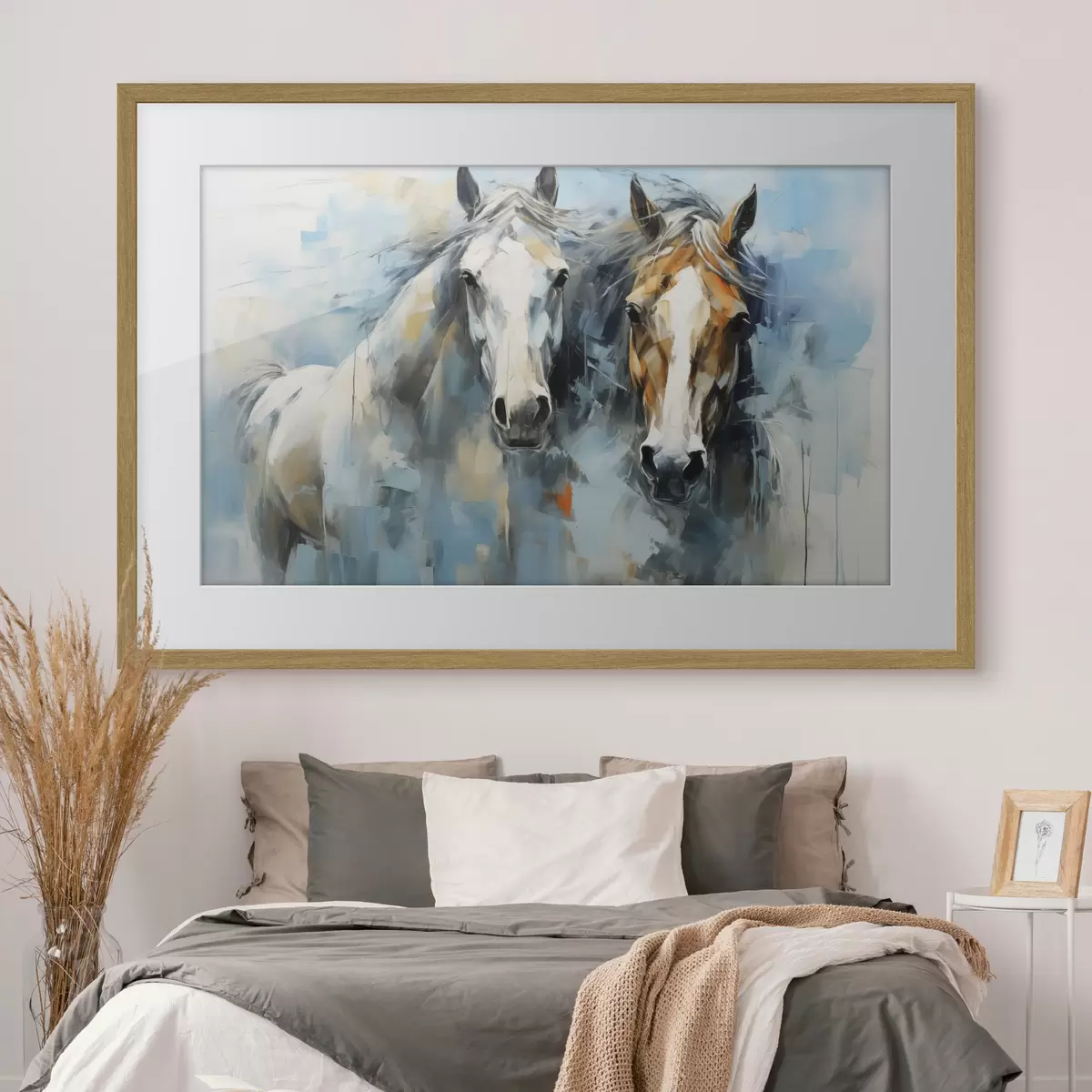 Poster Cavalli dipinto astratto, colore bianco, blu, marrone f40493