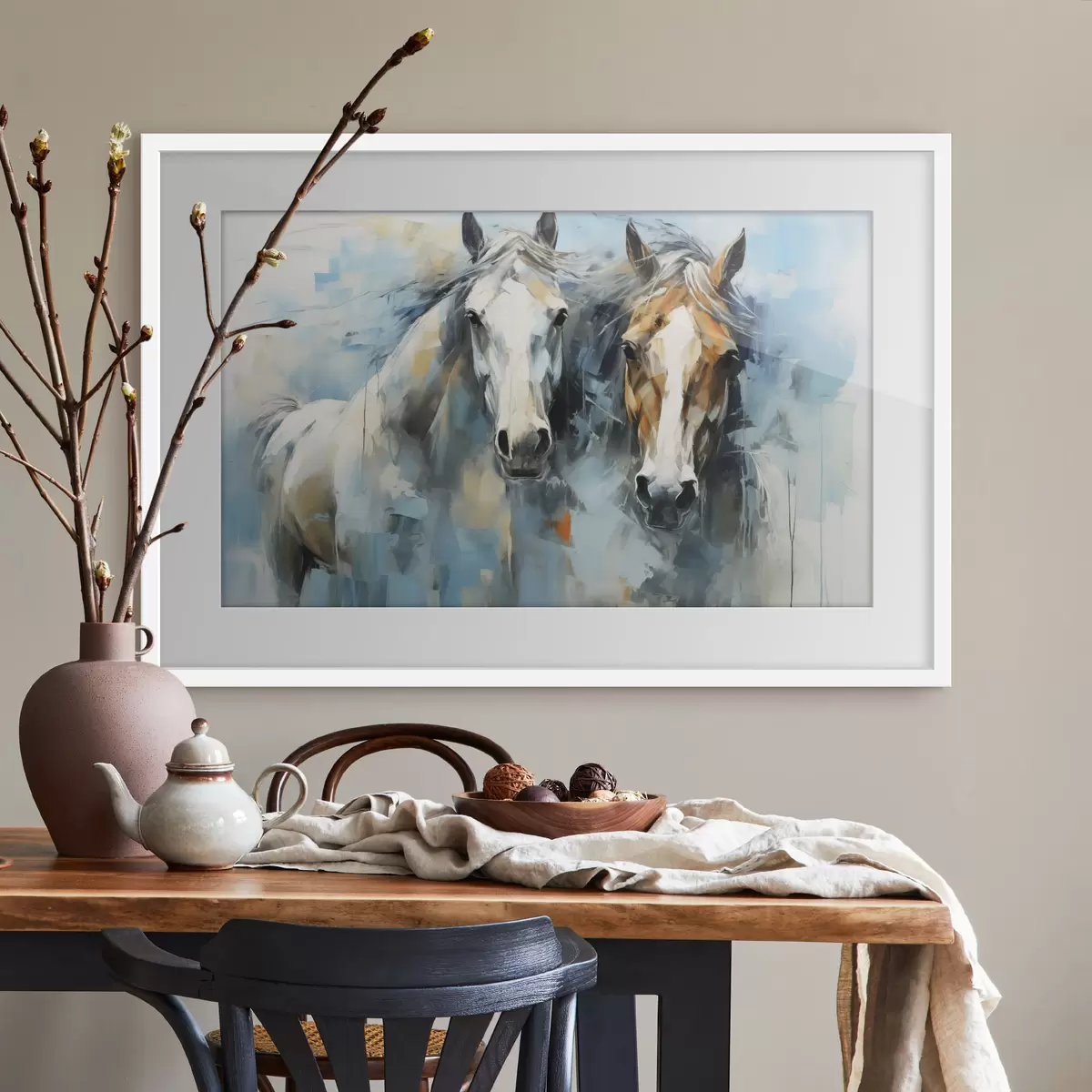 Poster Cavalli dipinto astratto, colore bianco, blu, marrone f40493