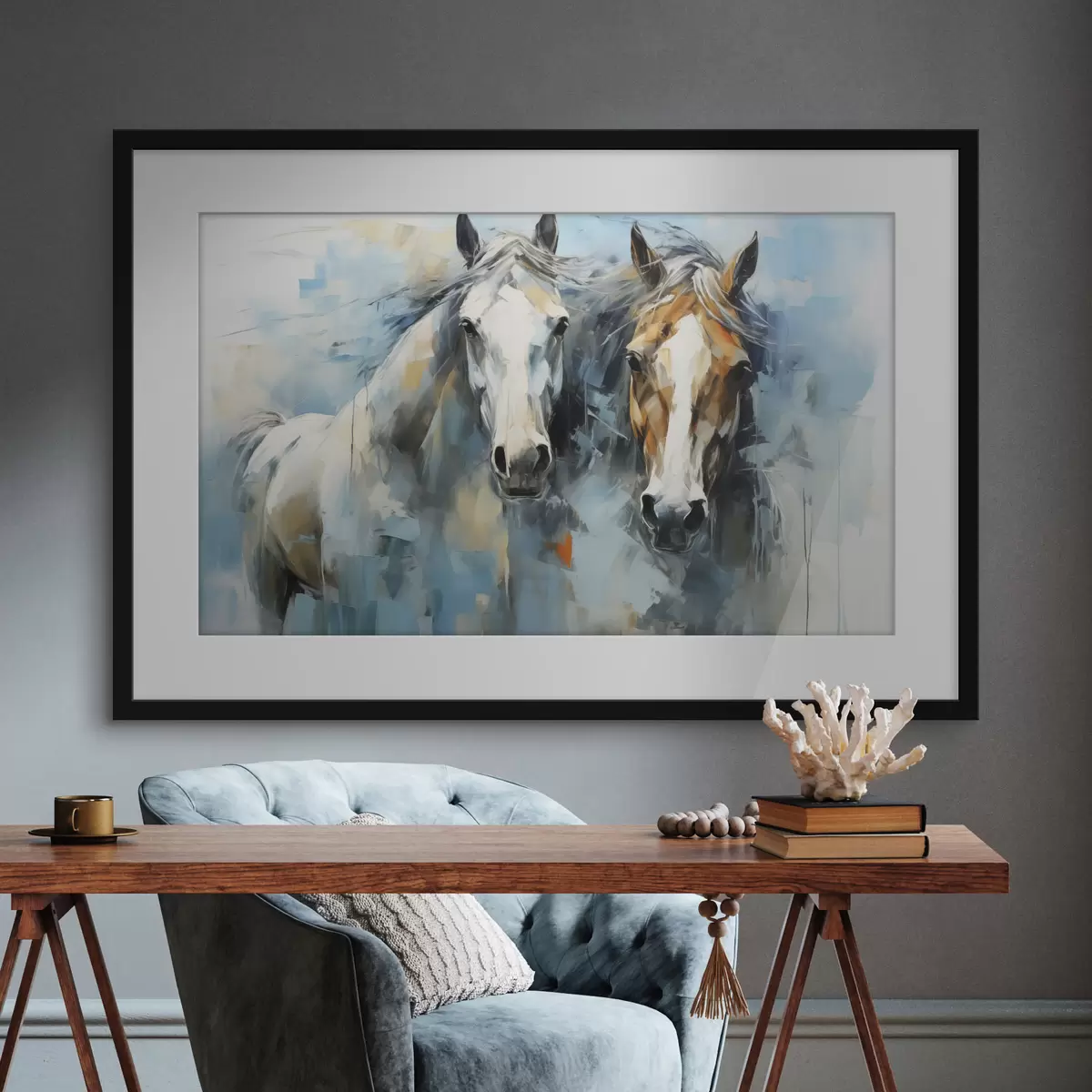 Poster Cavalli dipinto astratto, colore bianco, blu, marrone f40493