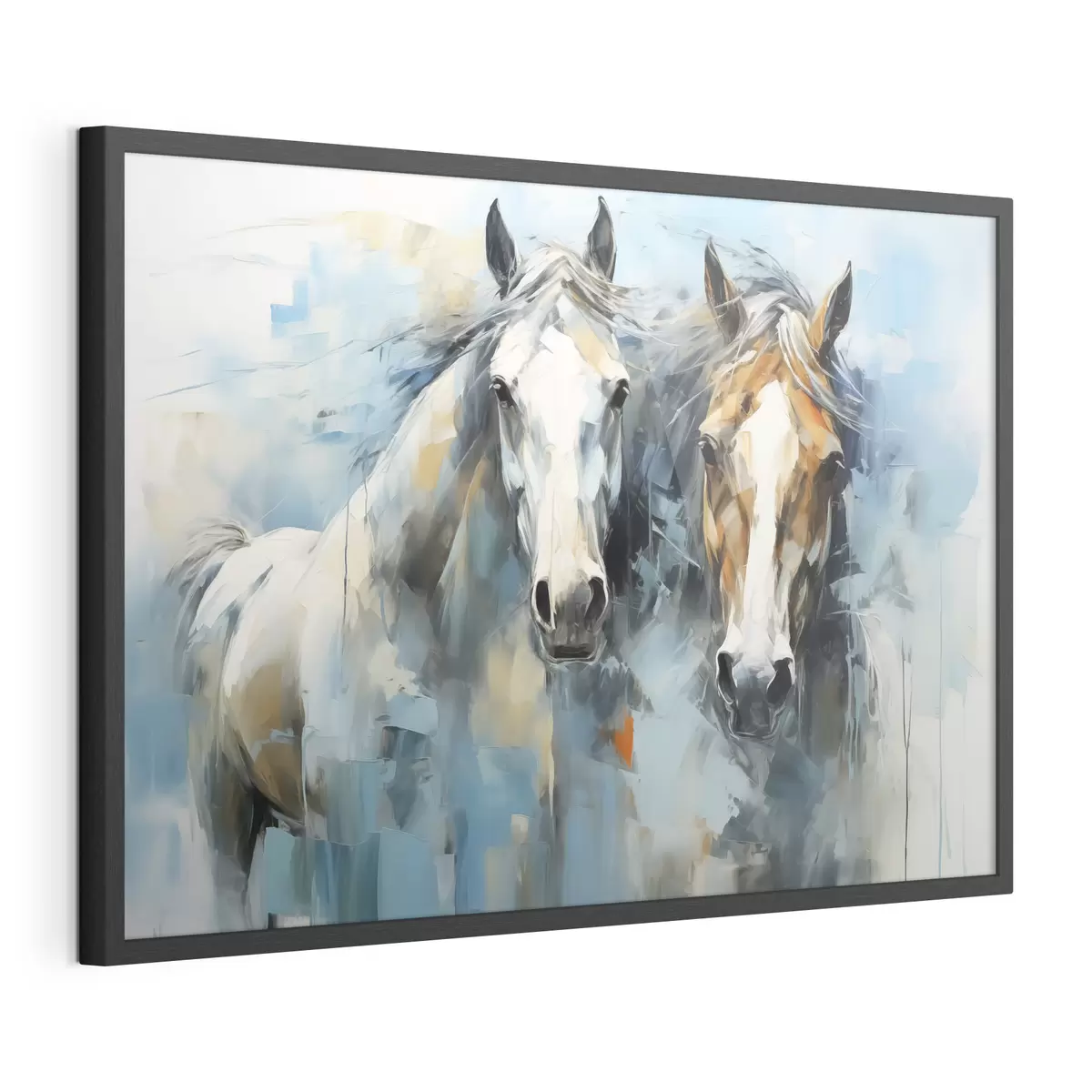 Poster Cavalli dipinto astratto, colore bianco, blu, marrone f40493