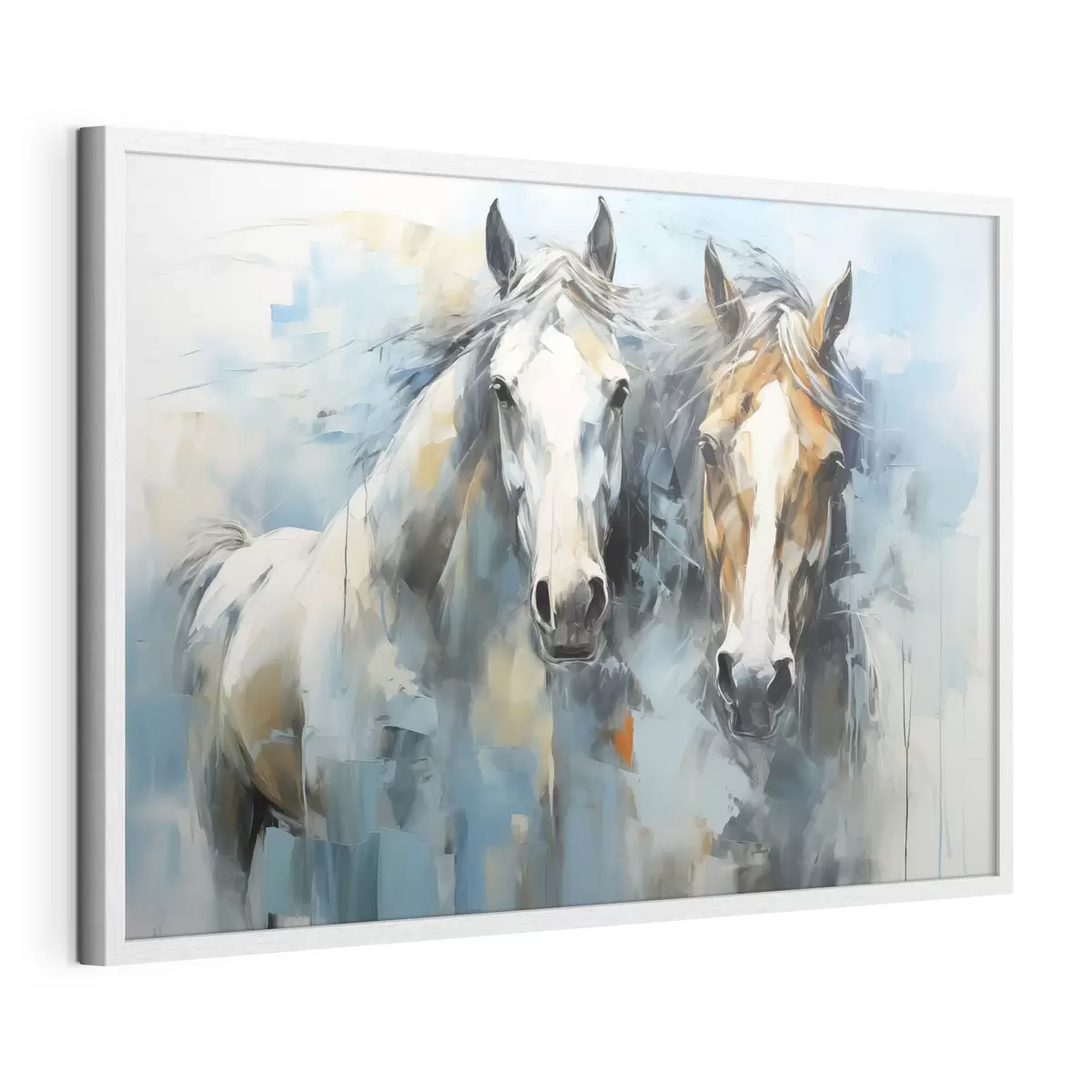 Poster Cavalli dipinto astratto, colore bianco, blu, marrone f40493